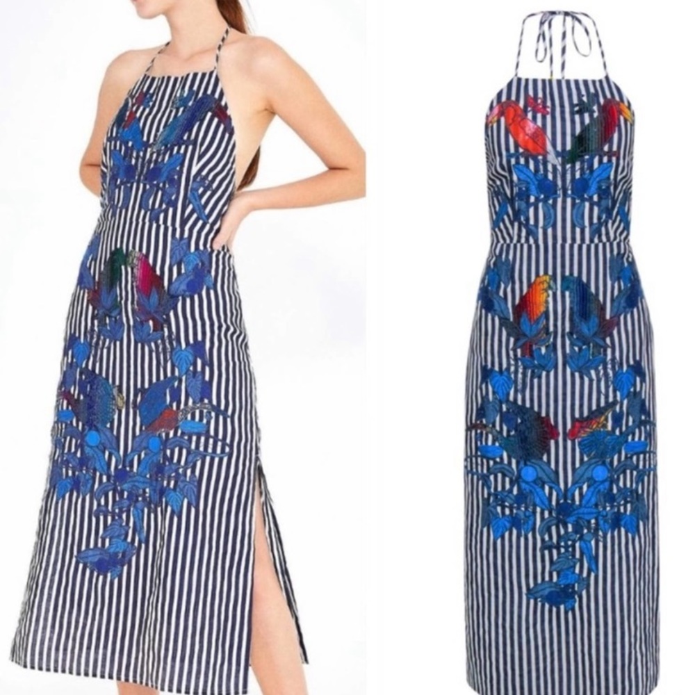 Embroidered Appliqué Farm Rio Striped Midi Dress
